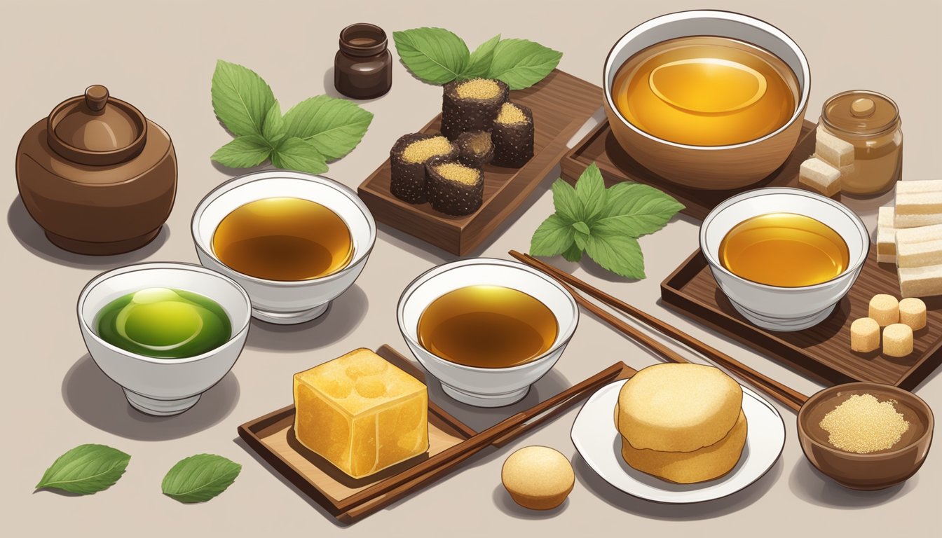 A traditional Japanese tea ceremony with a spread of natural sweeteners like honey, stevia, and monk fruit displayed alongside traditional sweets and desserts