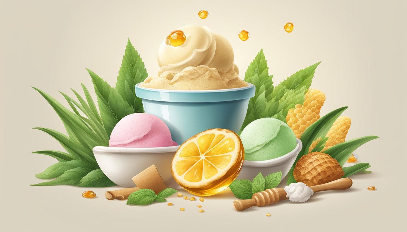 A scoop of ice cream surrounded by various natural sweeteners such as honey, agave, and stevia leaves