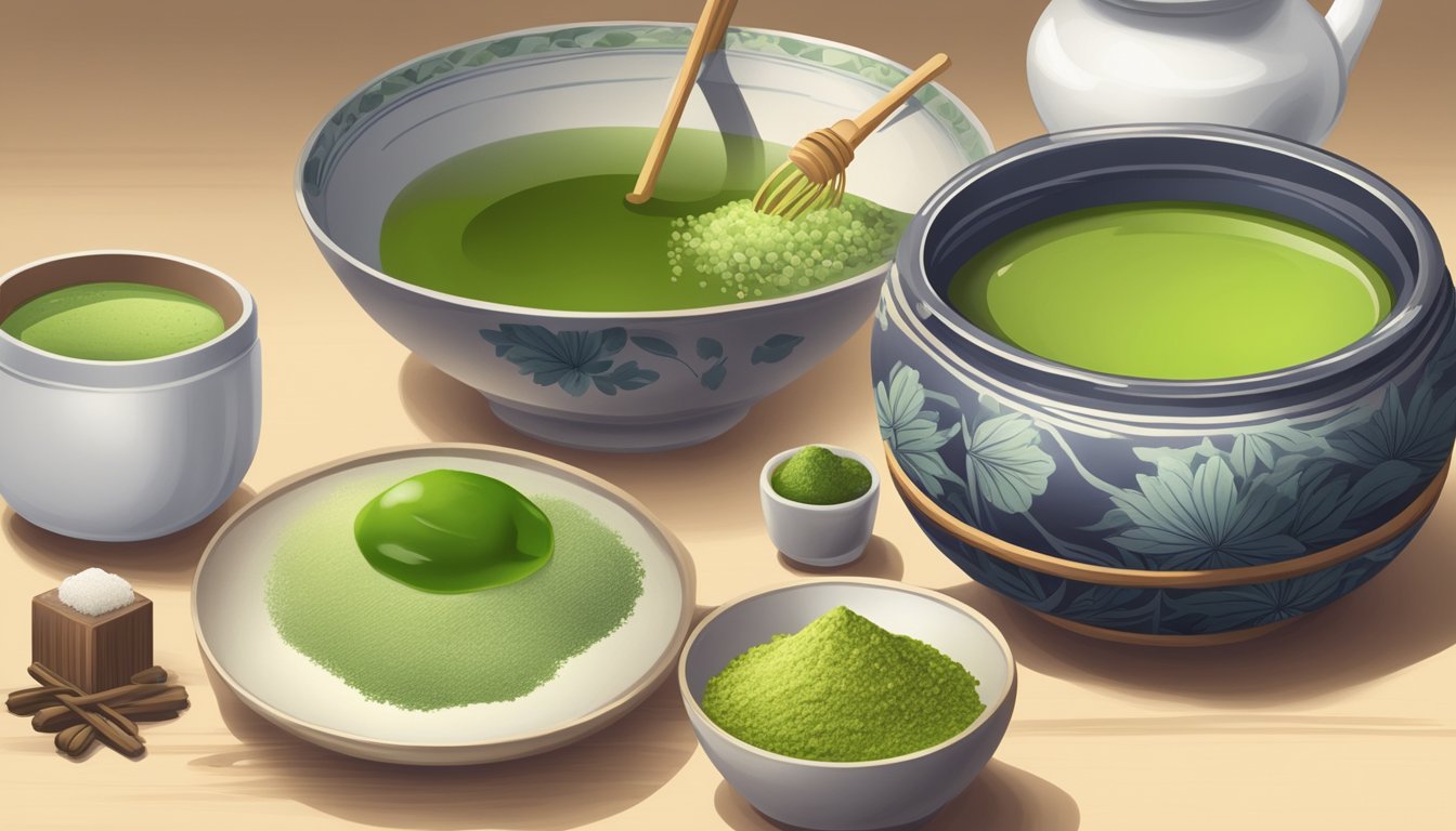 A traditional Japanese tea ceremony with a bamboo whisk and a small bowl of matcha, surrounded by various natural sweeteners such as honey, stevia, and monk fruit