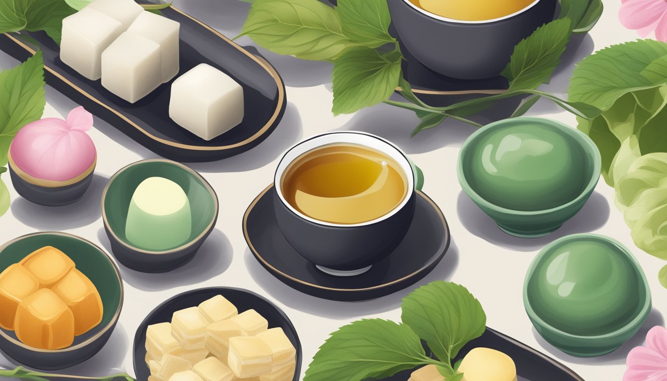 A traditional Japanese tea ceremony with a spread of natural sweeteners like stevia, monk fruit, and erythritol, alongside delicate wagashi sweets