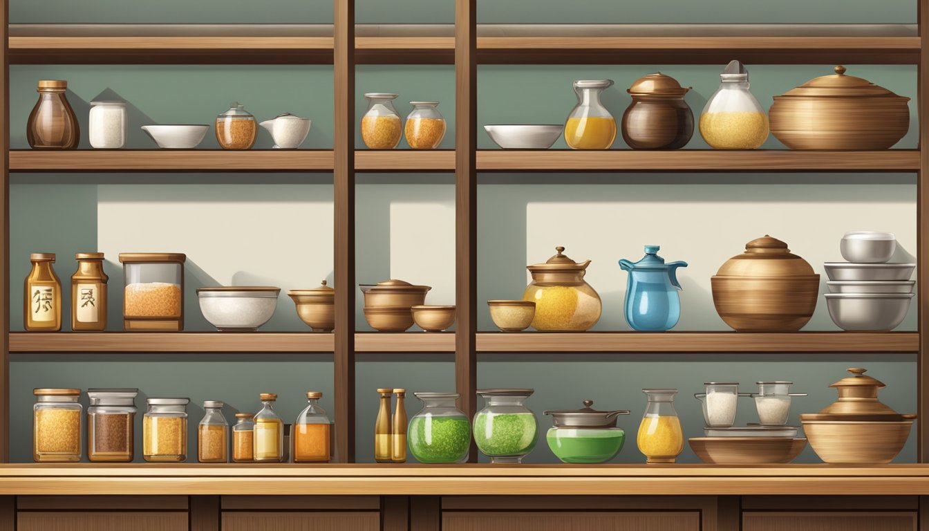 A traditional Japanese kitchen with a variety of natural sweeteners such as mirin, sake, and sugar displayed on wooden shelves