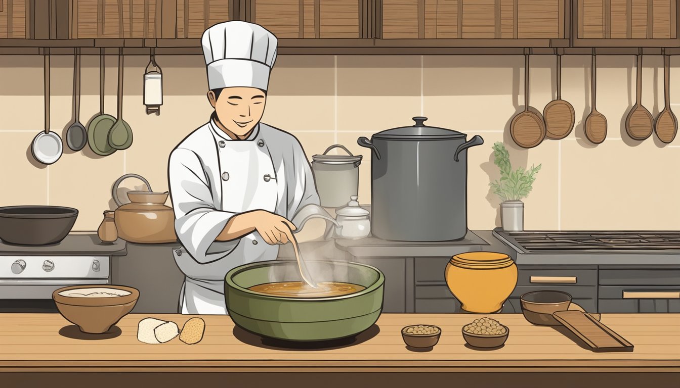 A chef in a traditional Japanese kitchen adds natural sweeteners to a simmering pot of miso soup. Ingredients like mirin and honey sit nearby