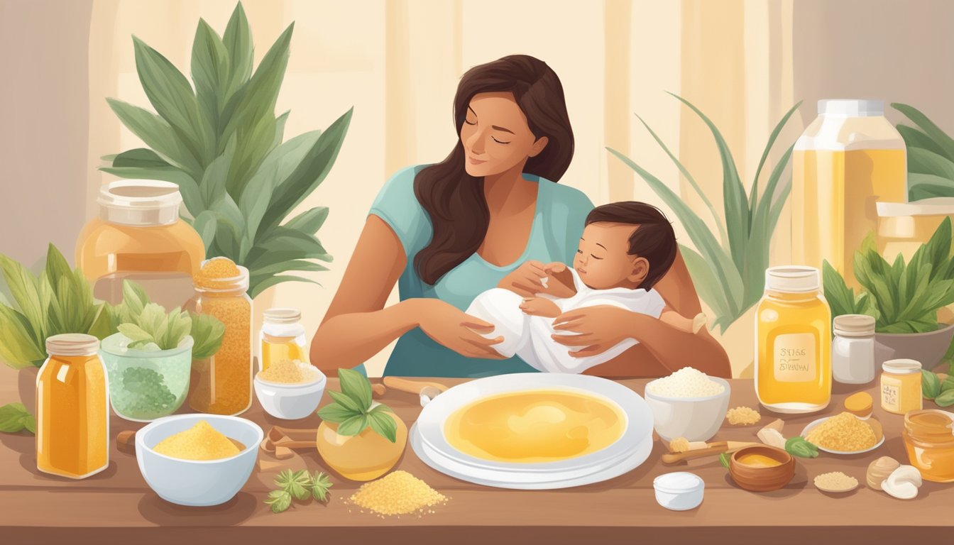 A mother breastfeeding her baby while surrounded by a variety of natural sweeteners such as honey, stevia, and agave nectar on a table