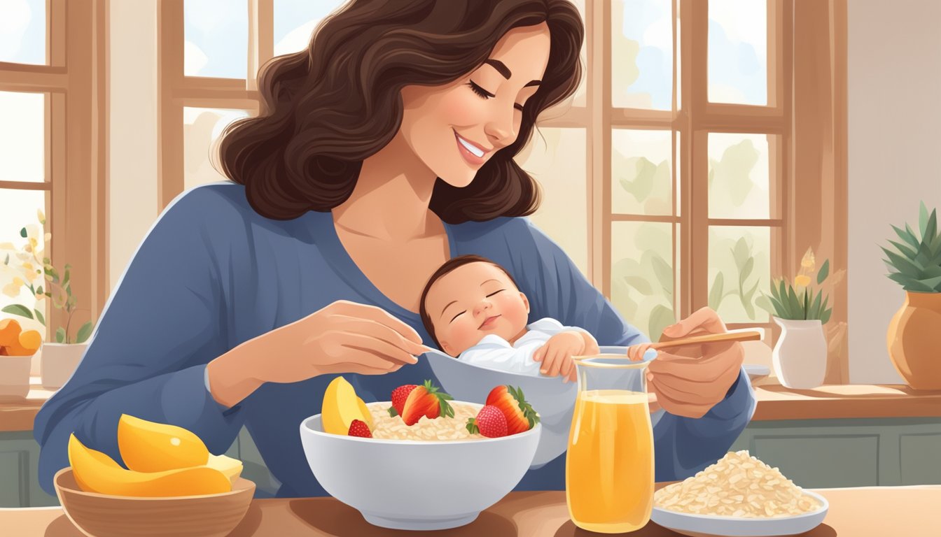 A mother breastfeeding while enjoying a bowl of oatmeal topped with fresh fruit and drizzled with honey as a natural sweetener