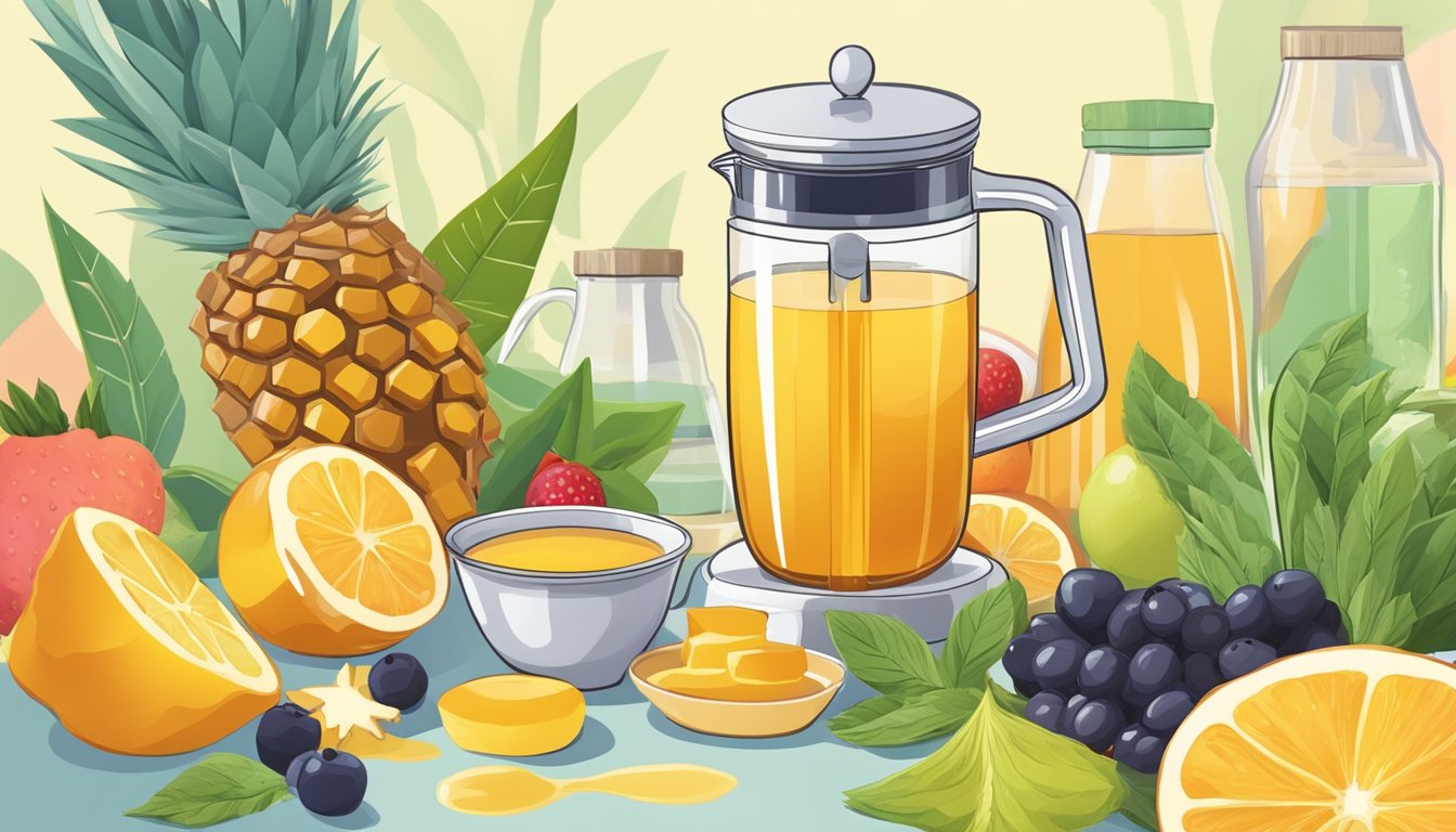 A colorful array of honey, agave, maple syrup, and stevia surrounded by fresh fruits and a blender ready for a morning smoothie