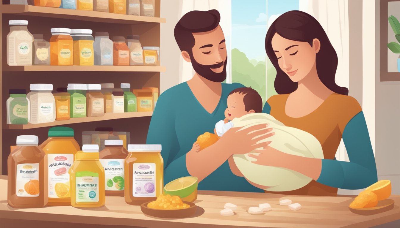 A mother breastfeeding her baby while holding a variety of natural sweeteners and non-nutritive sweeteners, with a nutritionist providing guidance in the background