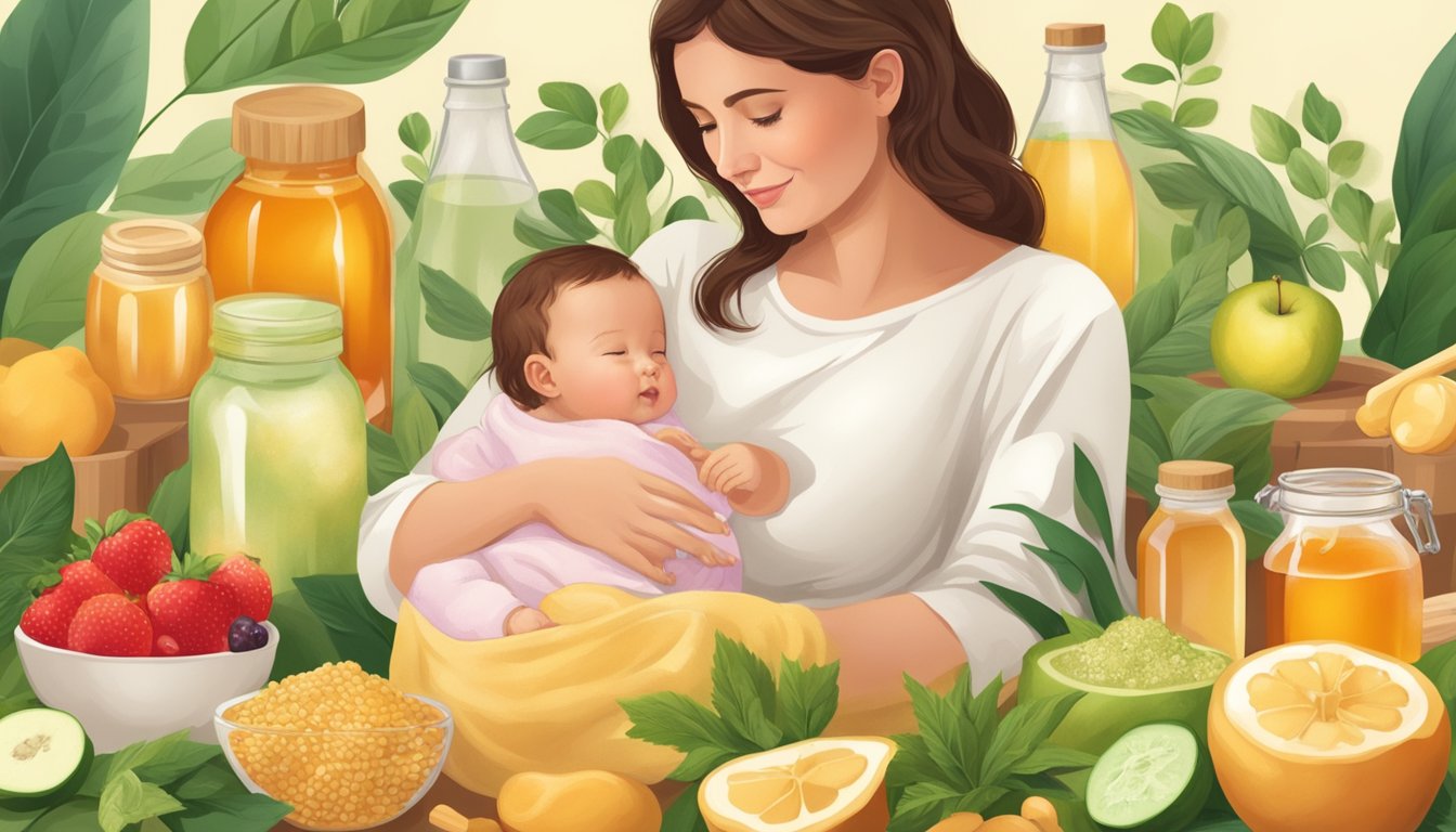 A mother breastfeeding her baby while surrounded by a variety of natural sweeteners such as honey, fruits, and stevia plants