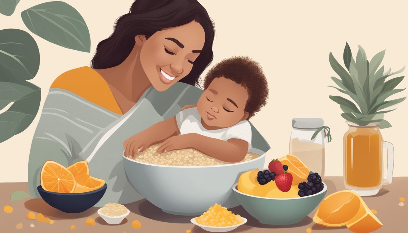 A mother breastfeeding while enjoying a bowl of oatmeal topped with fresh fruit and a drizzle of honey, surrounded by a variety of natural sweeteners like dates, stevia, and maple syrup