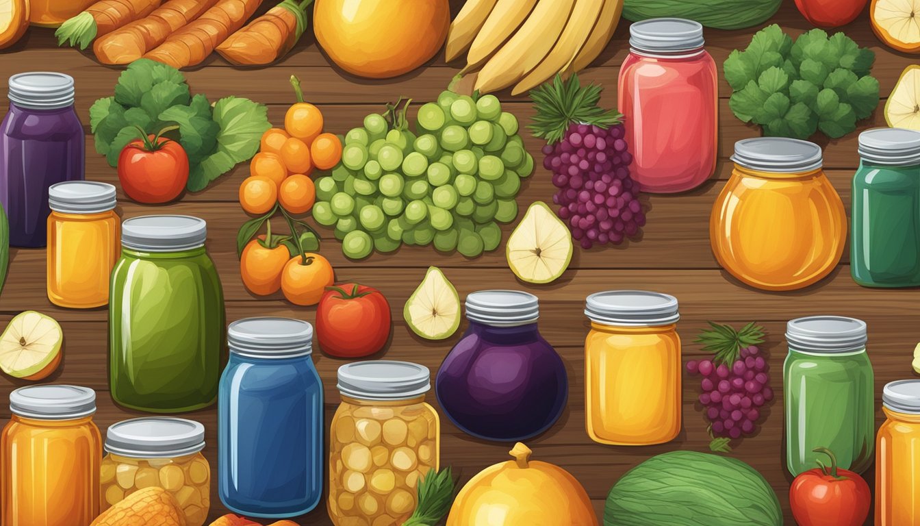 A colorful array of fresh fruits and vegetables, alongside jars of honey and maple syrup, arranged on a wooden cutting board