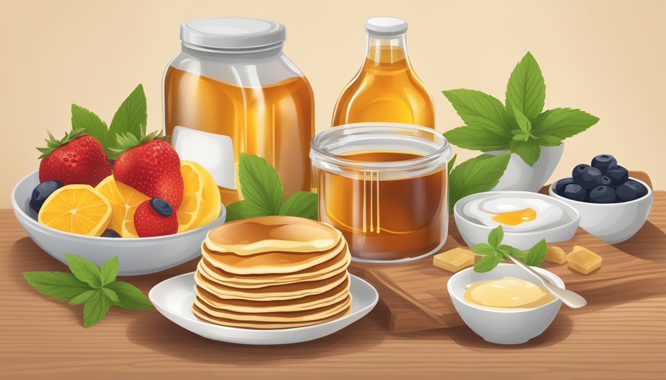 A table with various natural sweeteners (honey, maple syrup, stevia) next to a bowl of fruit and a stack of whole grain pancakes