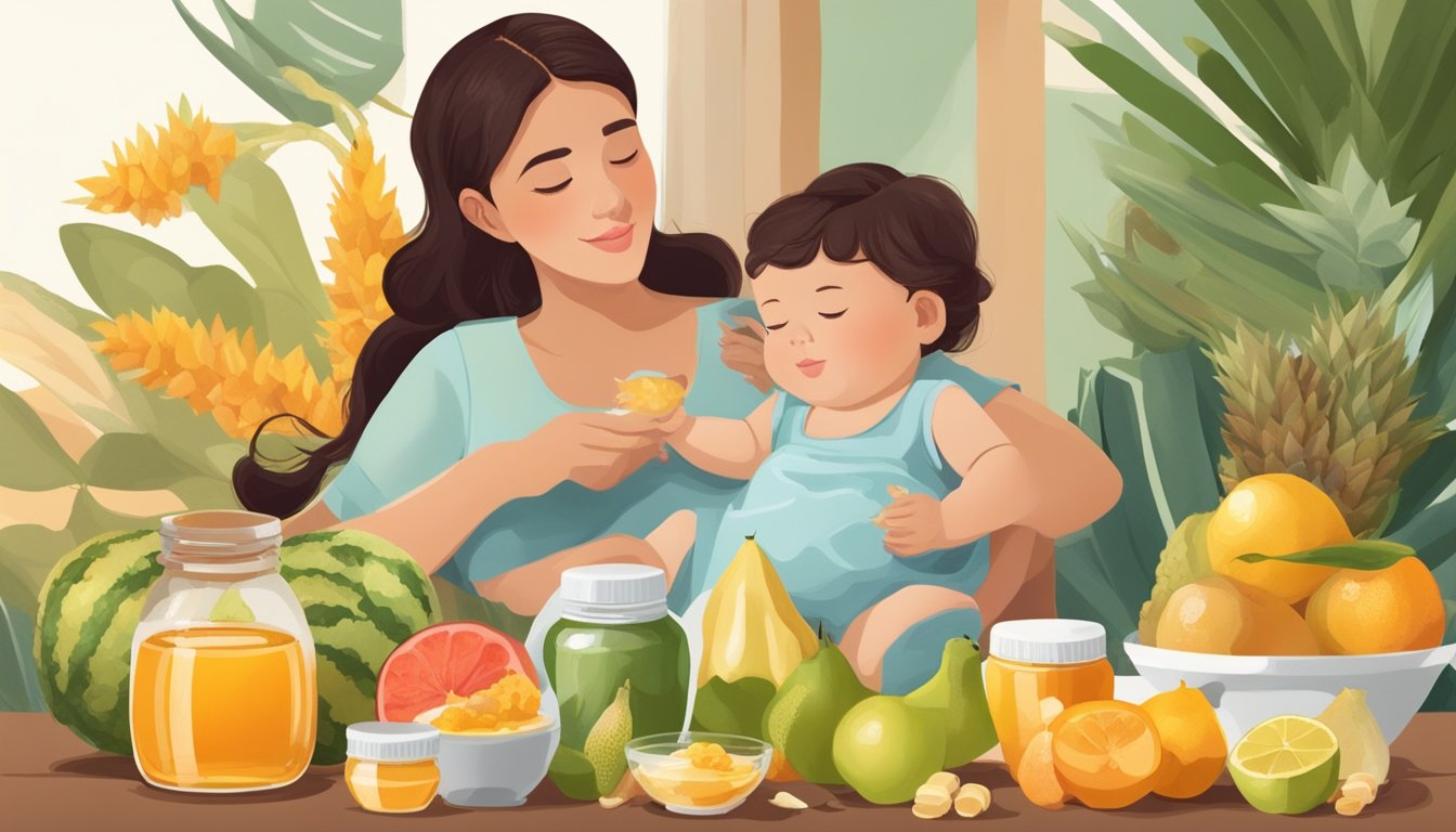 A mother nursing her baby while surrounded by a variety of fruits and natural sweeteners, such as honey and agave, on a table