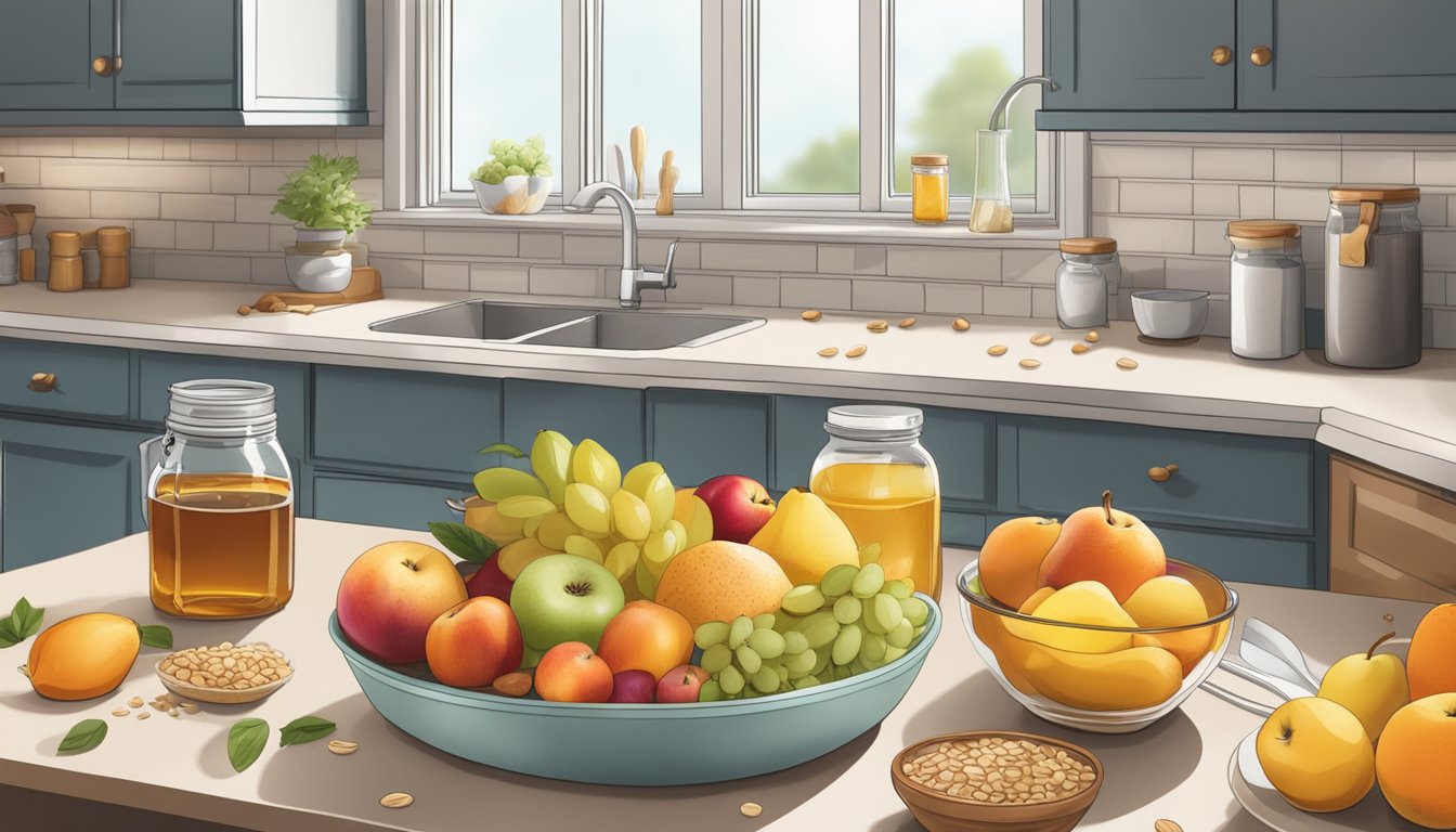 A kitchen counter filled with fresh fruits, honey, and maple syrup, alongside bowls of oats and nuts for meal prep