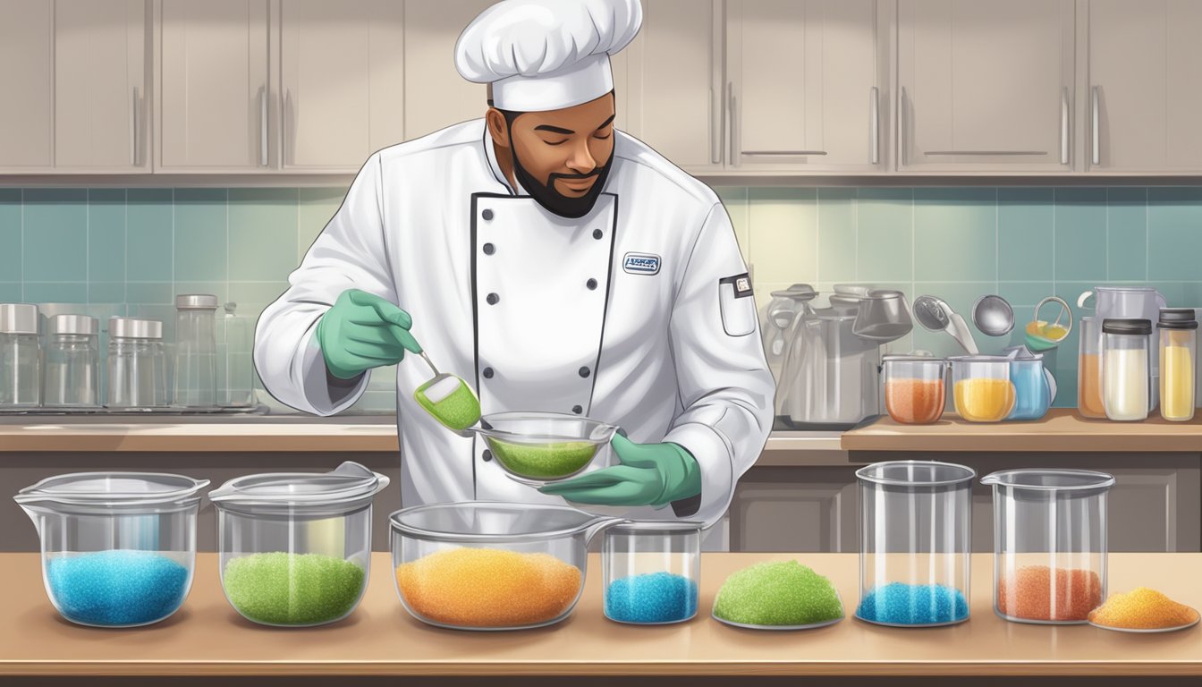 A chef carefully measures natural sweeteners using a set of measuring spoons and cups, while wearing protective gloves and following proper food safety guidelines