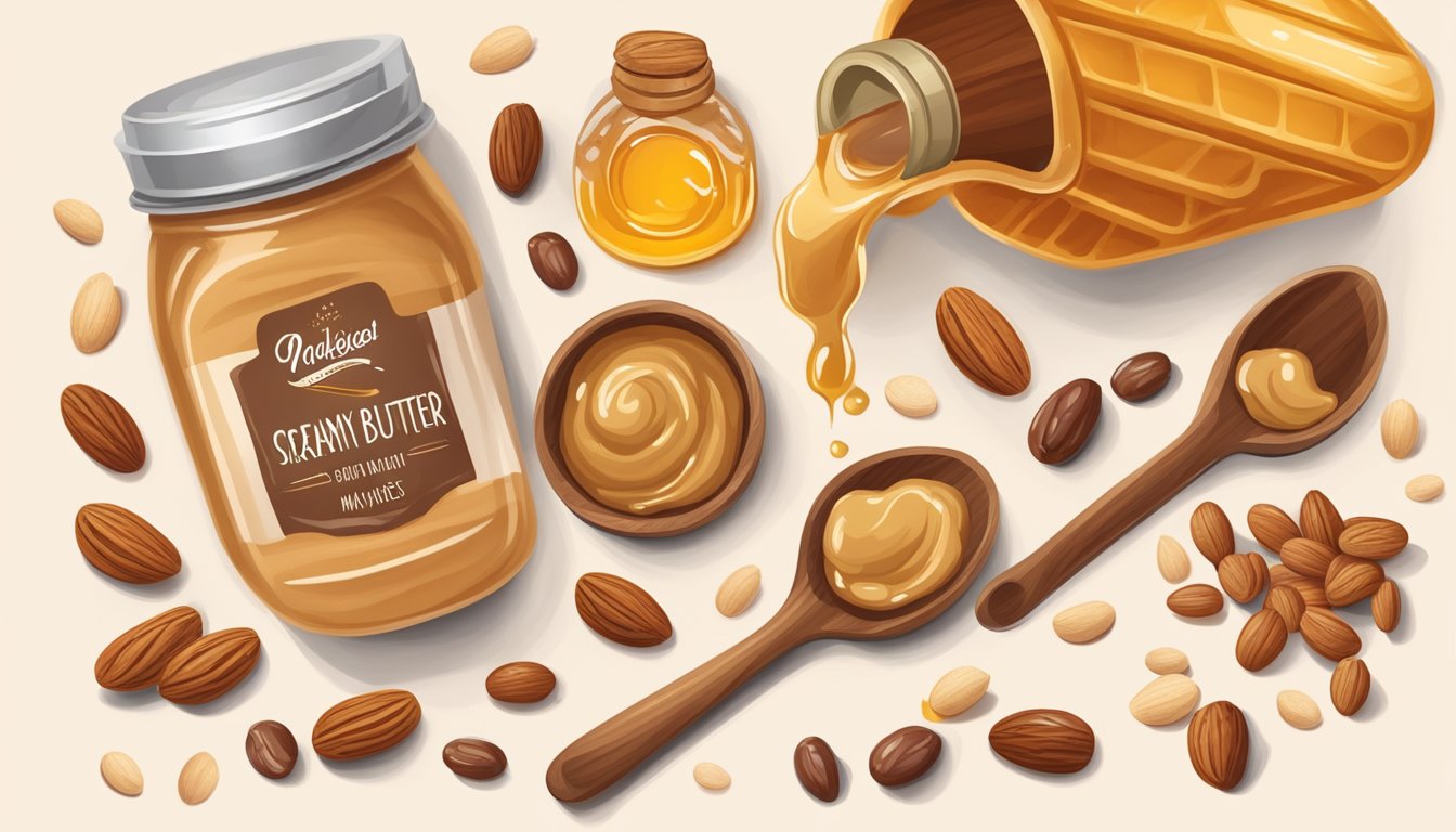 A wooden spoon scoops creamy nut butter from a jar, surrounded by jars of honey, maple syrup, and dates. A scattering of nuts and seeds adds texture to the scene