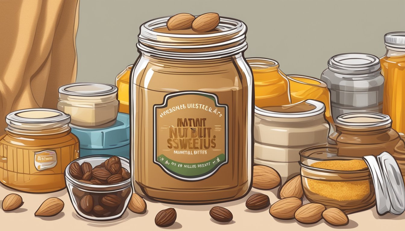 A jar of nut butter surrounded by a variety of natural sweeteners such as honey, maple syrup, and dates