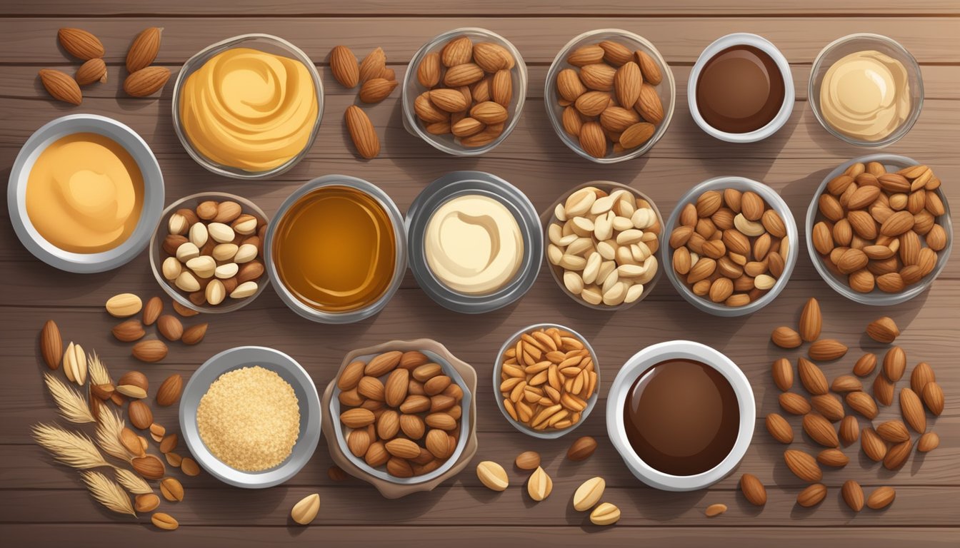 A variety of nuts and natural sweeteners are spread out on a wooden table, ready to be blended into customized nut butters for different dietary needs