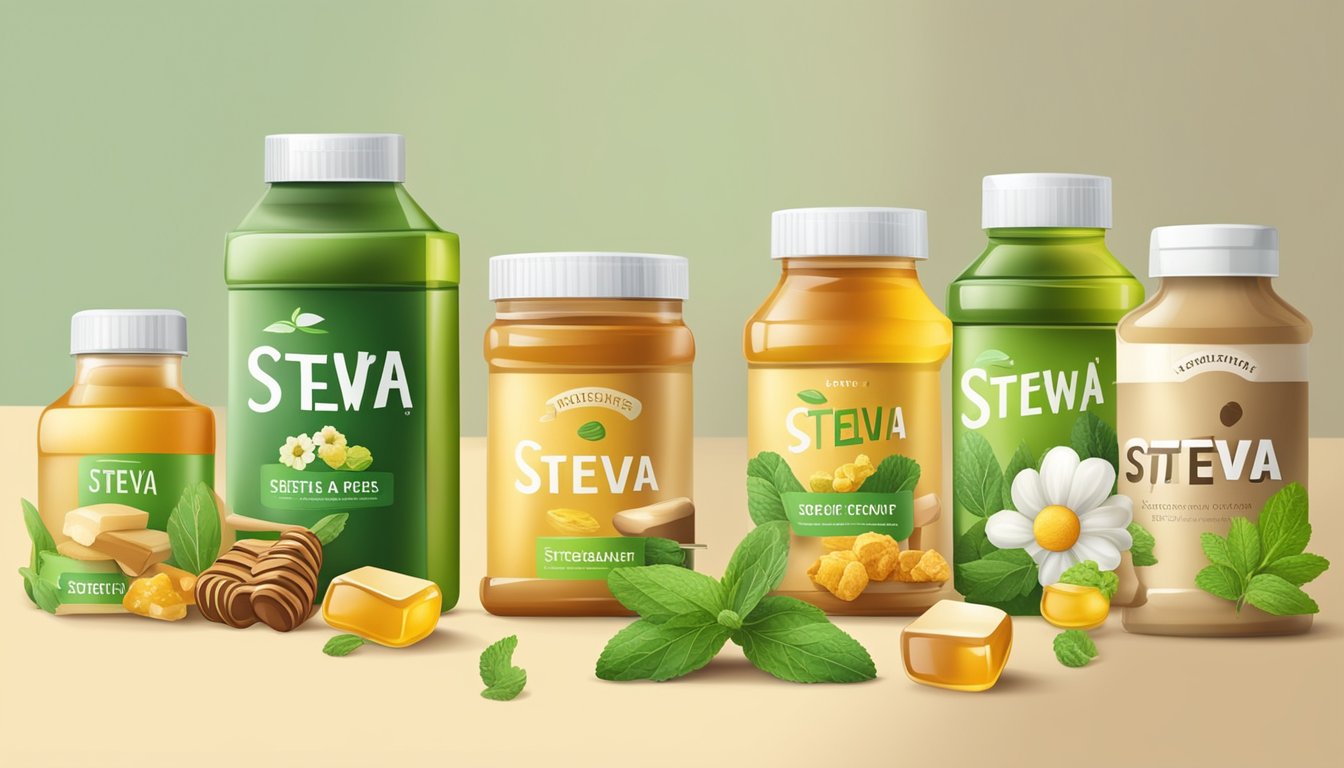 A variety of natural sweeteners, such as stevia and honey, are displayed alongside pet food ingredients like meat and vegetables