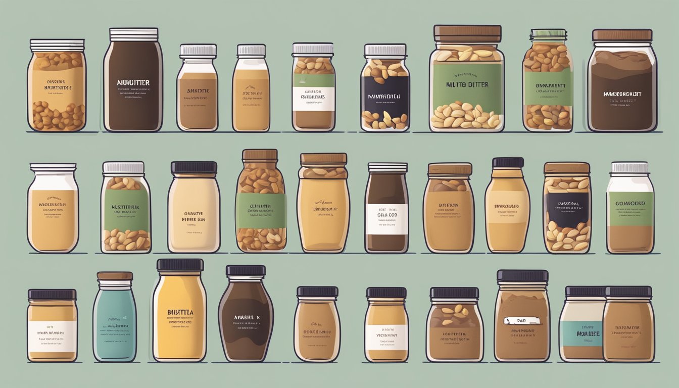 A variety of nuts and natural sweeteners arranged around a jar of nut butter, with a modern, minimalist aesthetic