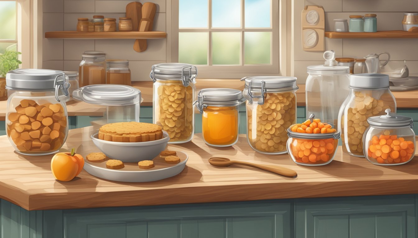 A dog treats bakery kitchen with jars of honey, apples, and carrots, along with a mixing bowl and various utensils on a wooden countertop