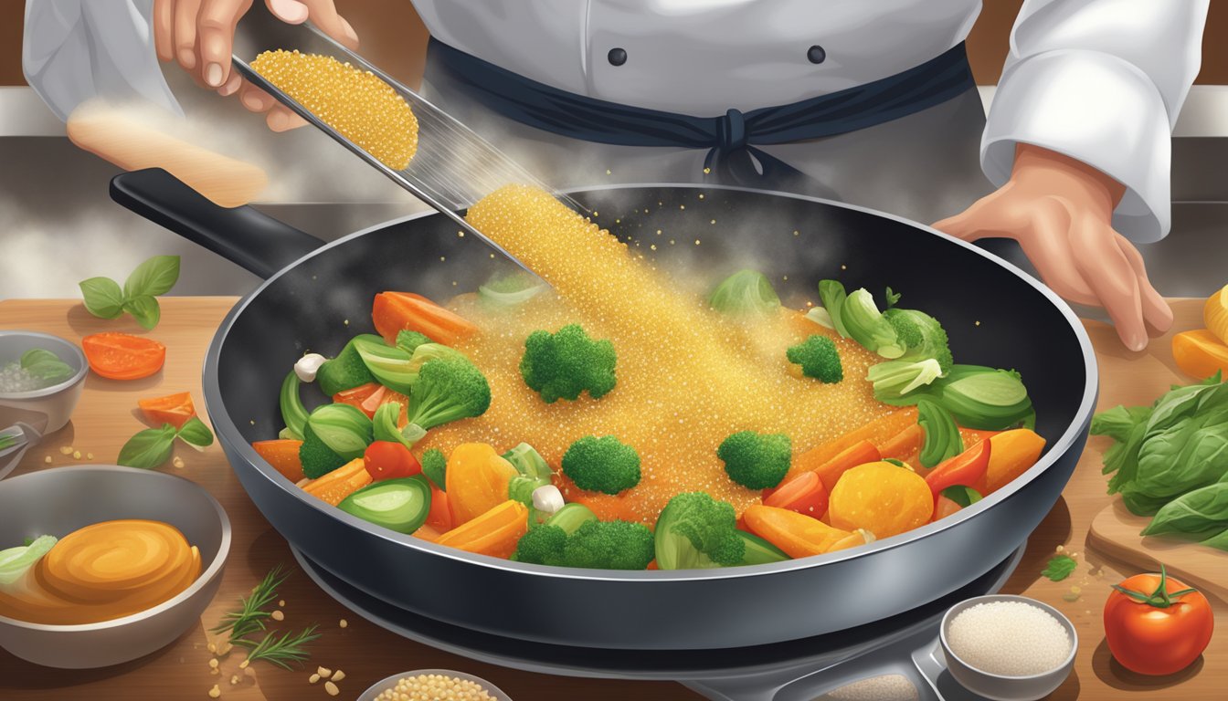 A chef sprinkles natural sweeteners over a sizzling pan of savory vegetables, adding depth and balance to the dish