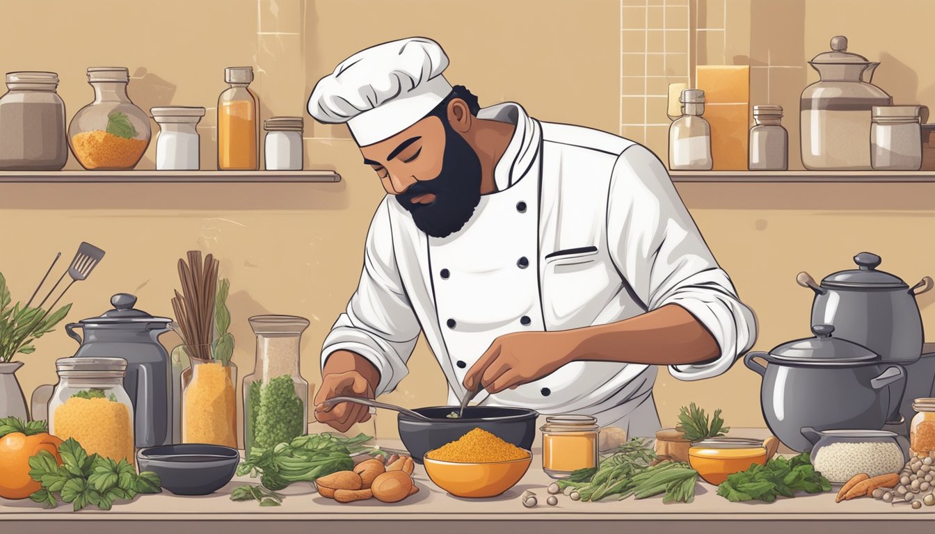 A chef adding natural sweeteners to a savory dish, surrounded by various ingredients and cooking utensils