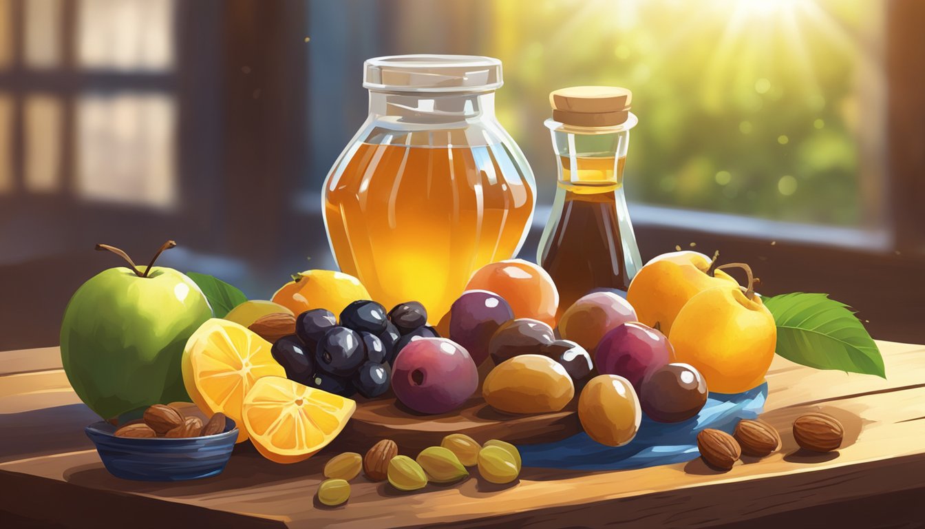 A colorful array of fresh fruits, honey, and dates arranged on a rustic wooden table, bathed in warm sunlight