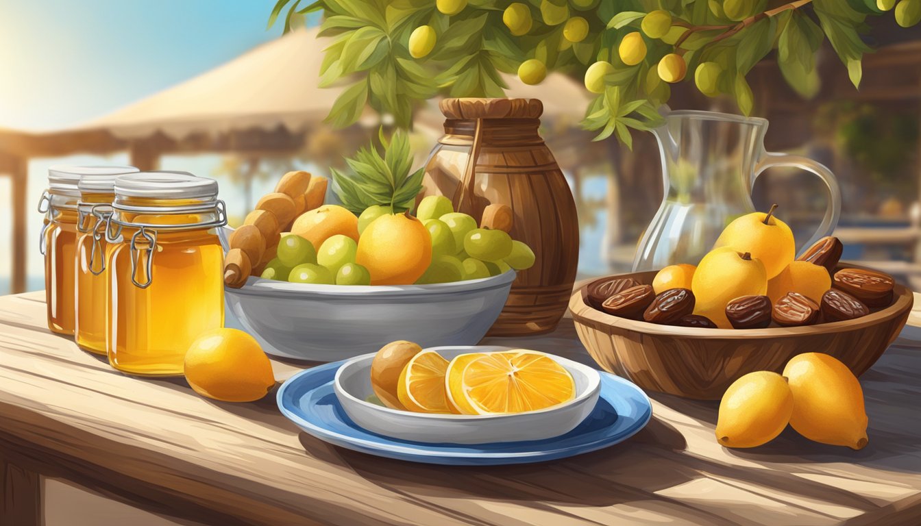 A rustic table set with fresh fruits, honey, and dates under the warm Mediterranean sun