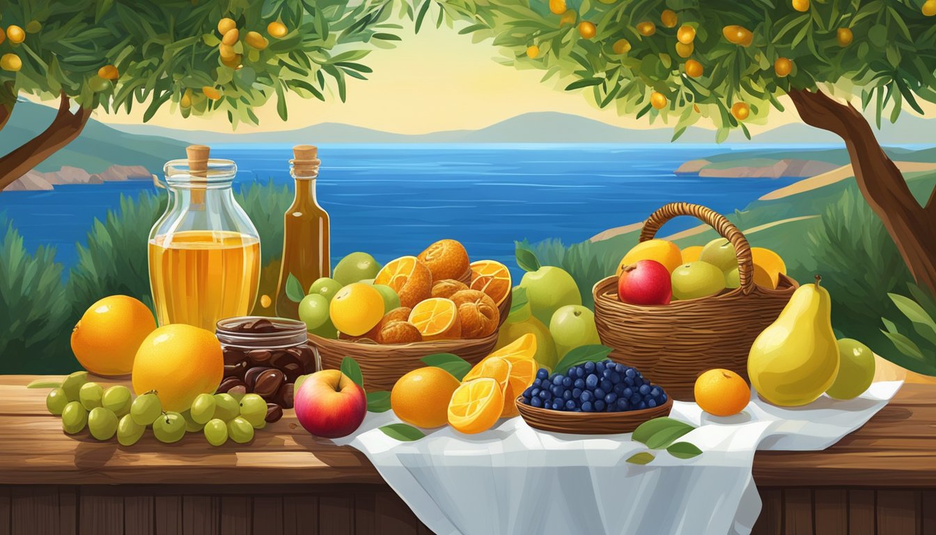 A colorful array of fresh fruit, honey, and dates spills out of a woven basket onto a rustic wooden table, surrounded by vibrant green olive trees and a sparkling blue Mediterranean sea