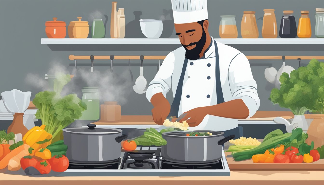 A chef adding natural sweeteners to a pot of sizzling vegetables on a stovetop, surrounded by an array of fresh produce and ethically sourced ingredients