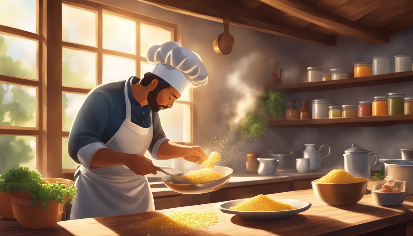 A chef sprinkles natural sweeteners onto a savory dish in a rustic kitchen setting. Sunlight streams through a window, highlighting the ingredients on the counter