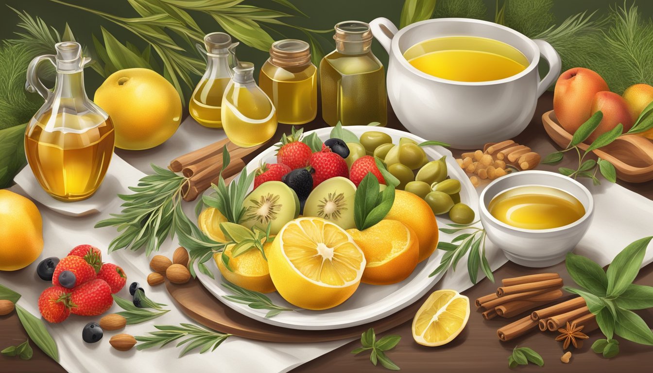 A table set with fresh fruits, honey, and olive oil, surrounded by Mediterranean herbs and spices