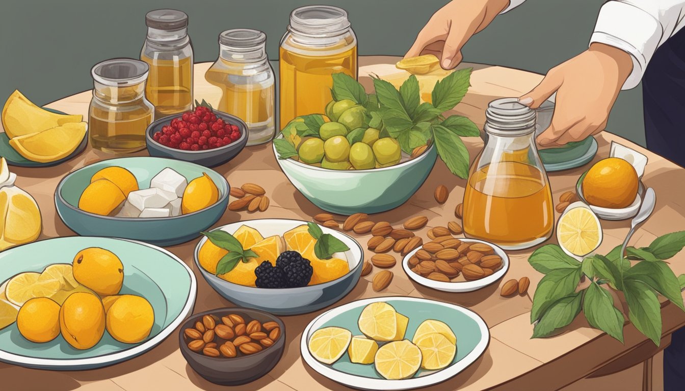 A table set with an assortment of natural sweeteners like honey, stevia, and agave, alongside a variety of fruits and nuts, with a full and satisfied person walking away from the table