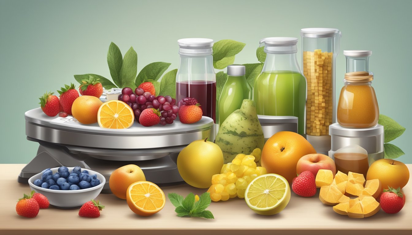 A table with various food products, including fruits and sweeteners, arranged in a scientific setting with measuring instruments and a scale