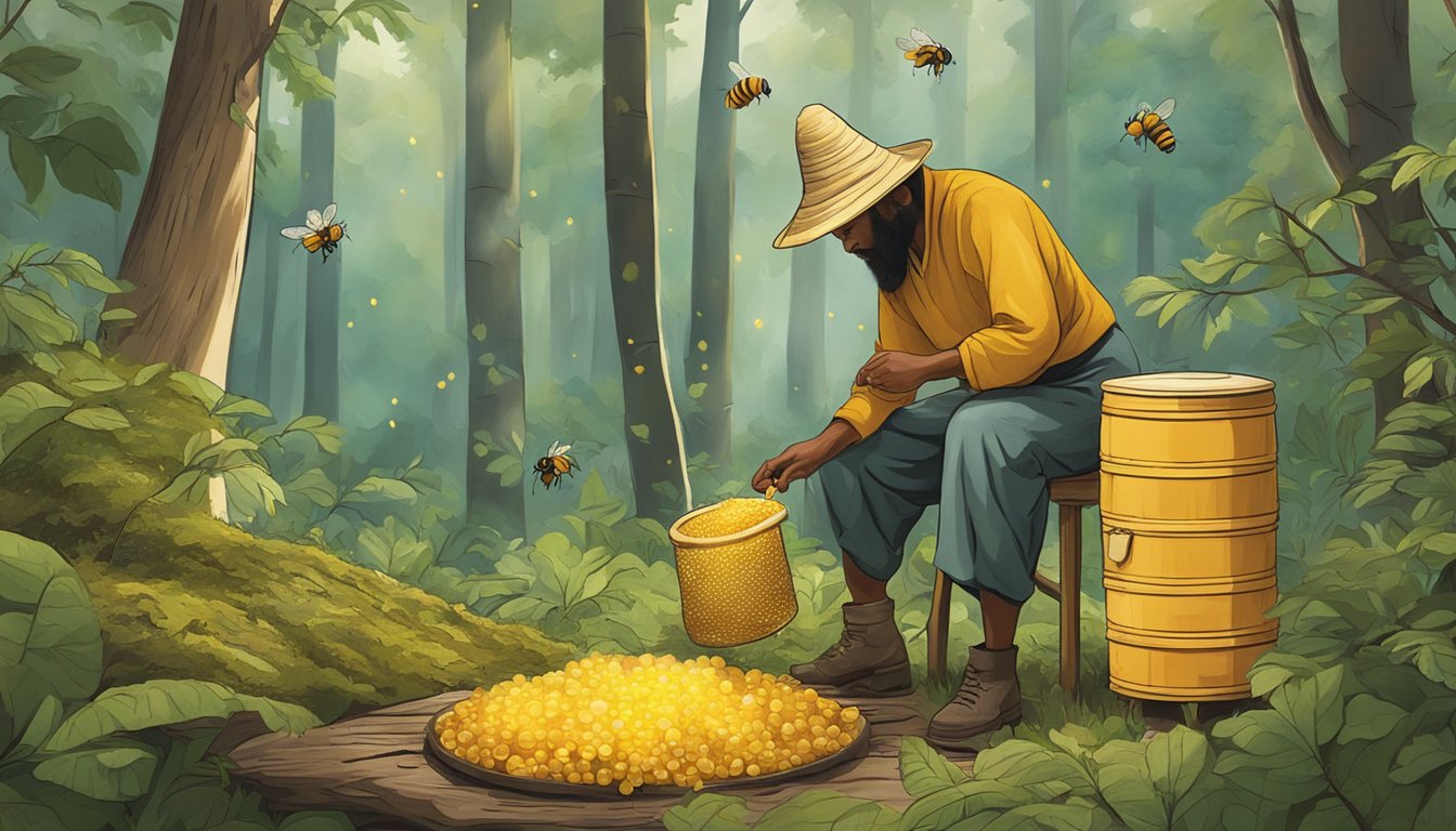 A traditional medicine practitioner gathering honey from a beehive in a forest clearing