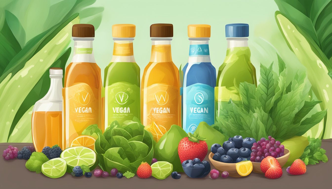 A colorful array of natural sweeteners like agave, maple syrup, and stevia, surrounded by fresh fruits and green leafy vegetables, with a prominent "vegan" symbol in the background