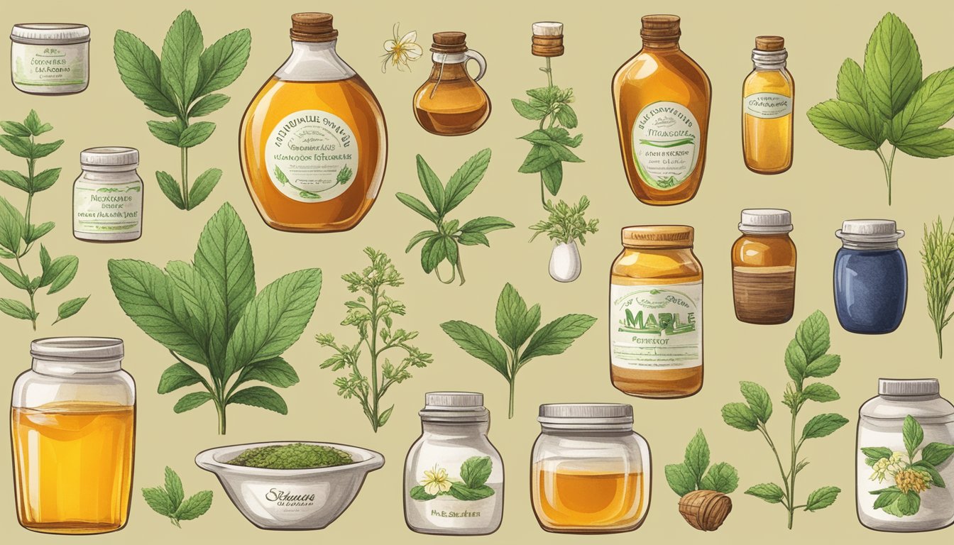 A variety of natural sweeteners, such as honey, maple syrup, and stevia, displayed alongside traditional medicine herbs and plants