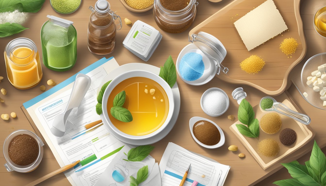 A table with various natural sweeteners and food items, surrounded by scientific equipment and regulatory documents