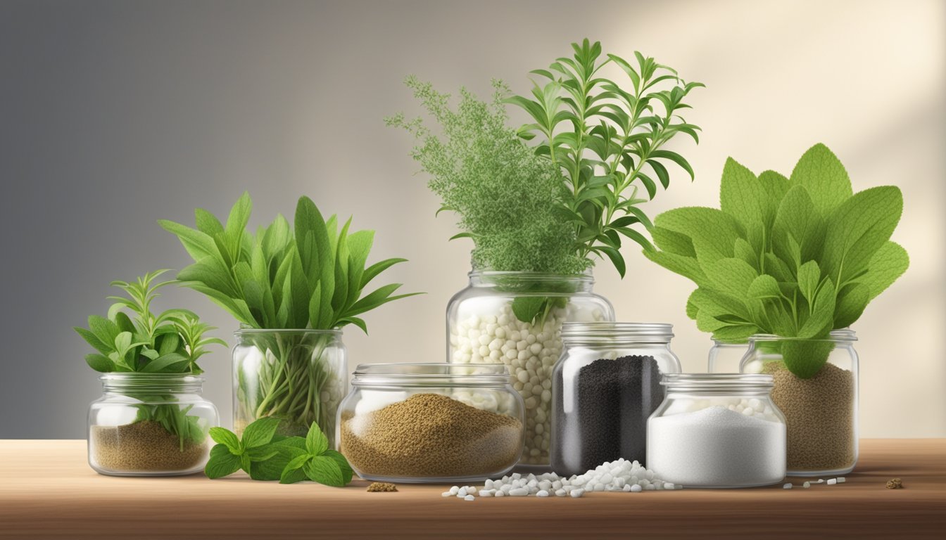 A variety of plants and herbs, such as stevia and licorice root, are arranged next to artificial sweeteners in a laboratory setting