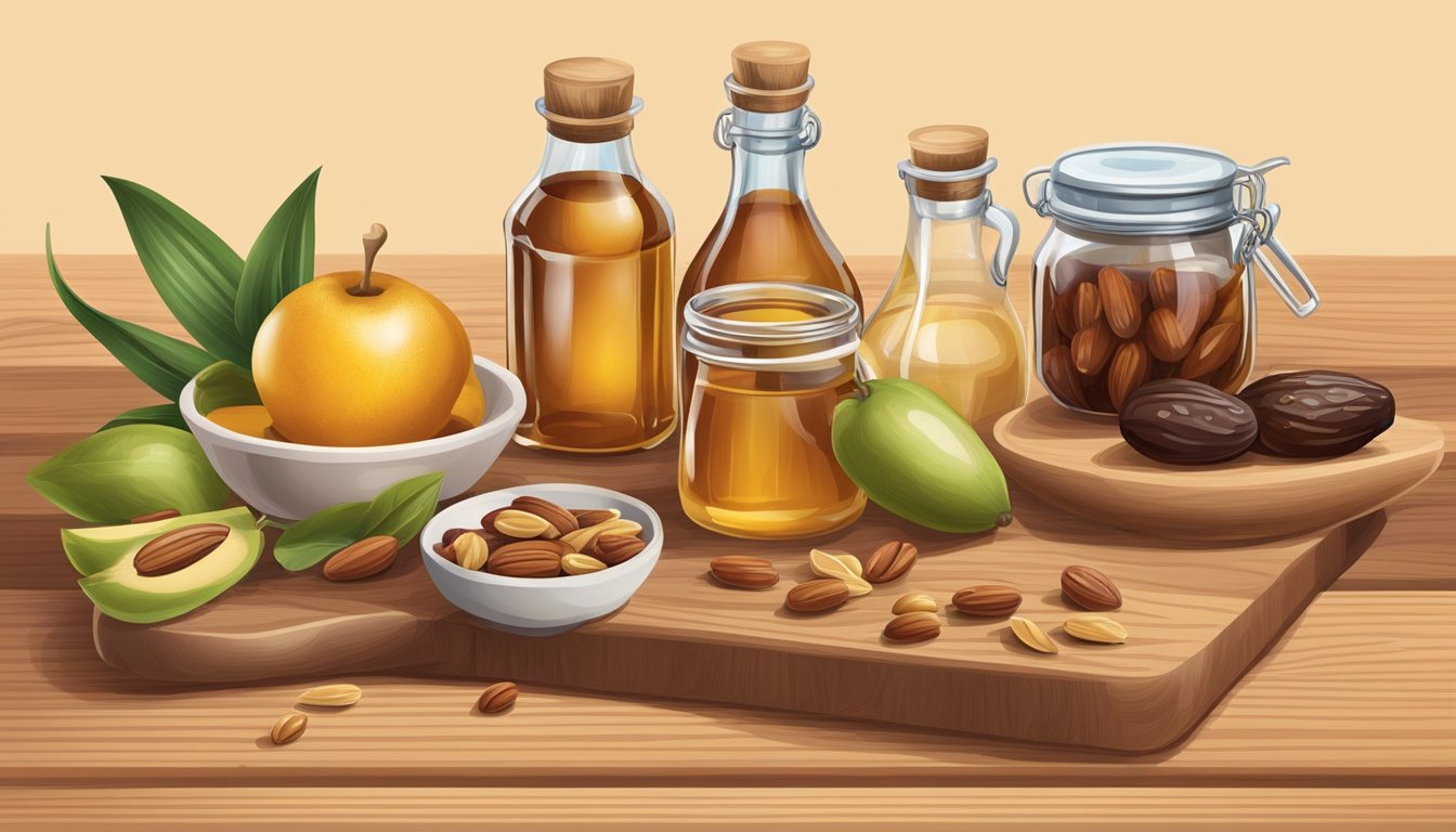 A variety of natural sweeteners such as dates, maple syrup, and agave nectar arranged alongside fresh fruits and nuts on a wooden cutting board