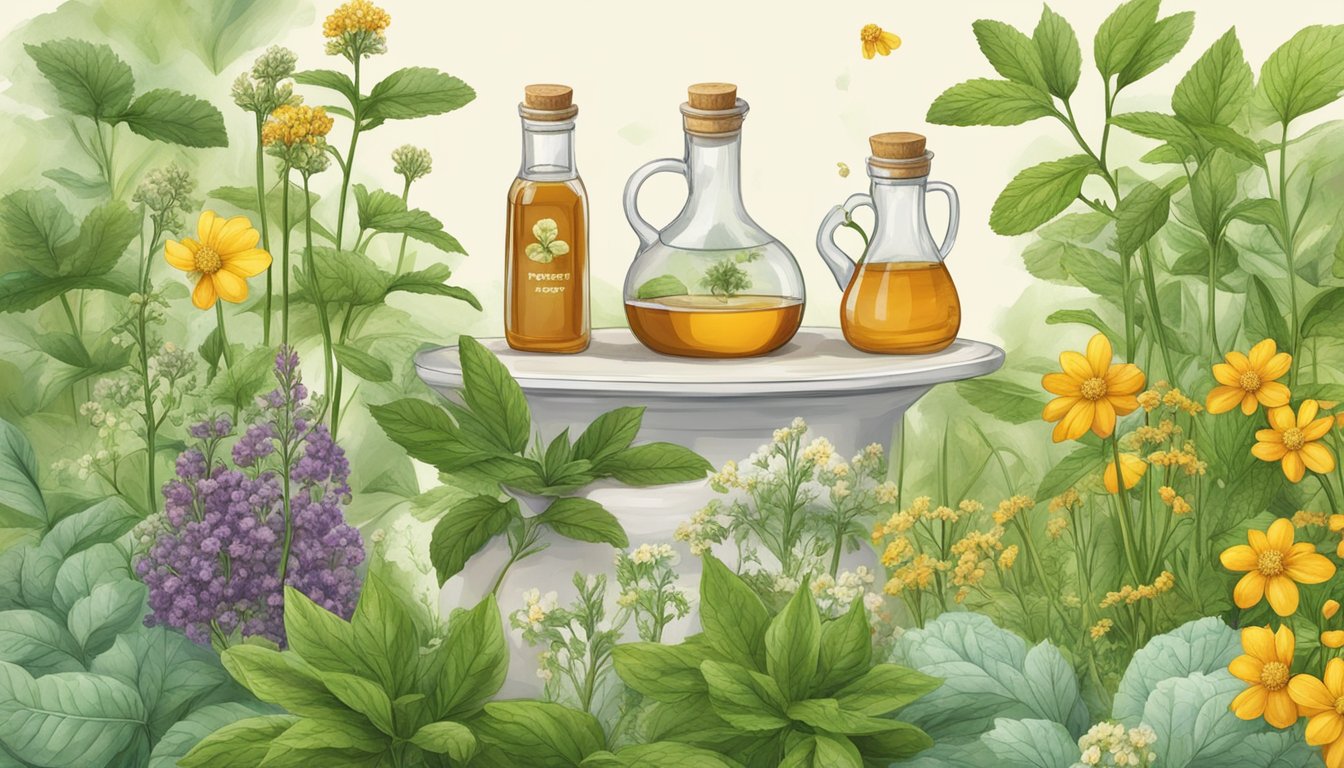 A serene herbal garden with various natural sweeteners like honey, stevia, and maple syrup growing alongside medicinal herbs and plants