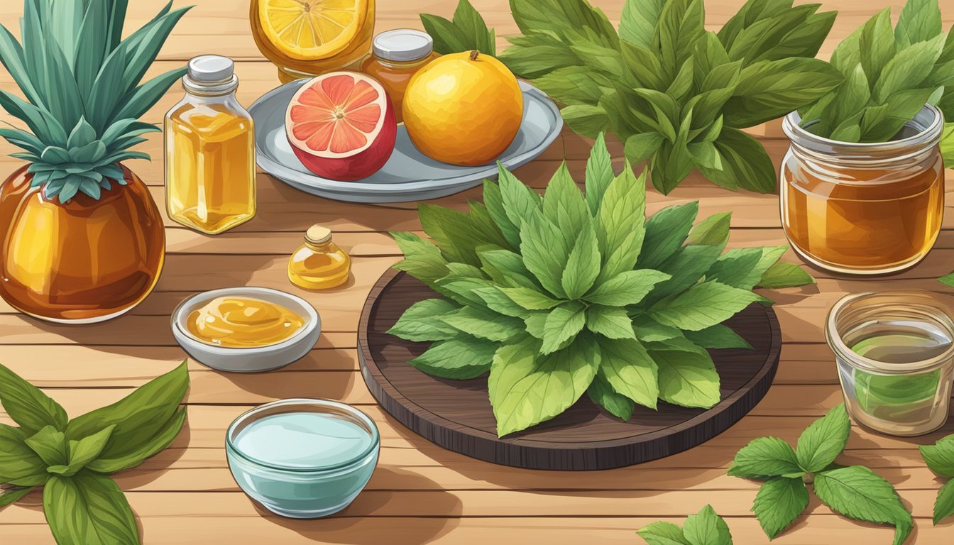 A colorful array of fruits, stevia leaves, and agave plants arranged on a wooden table, surrounded by jars of honey and maple syrup