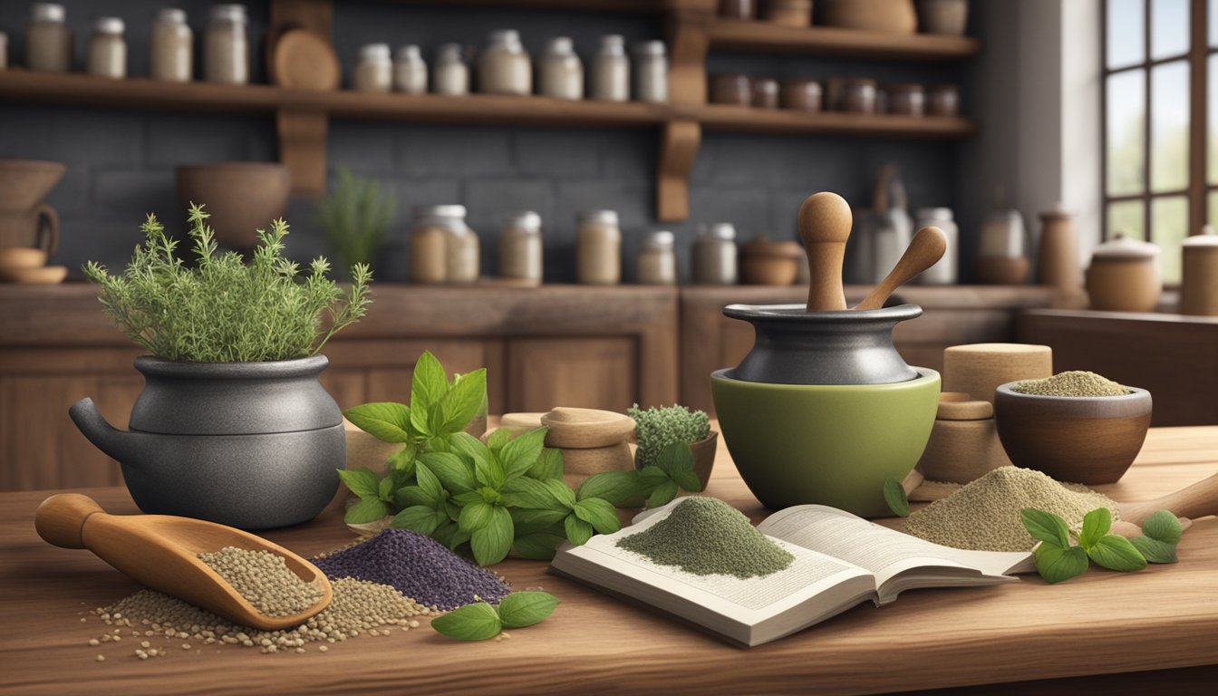 A variety of natural sweeteners and herbs displayed in a rustic kitchen setting, with mortar and pestle, and traditional medicine books nearby