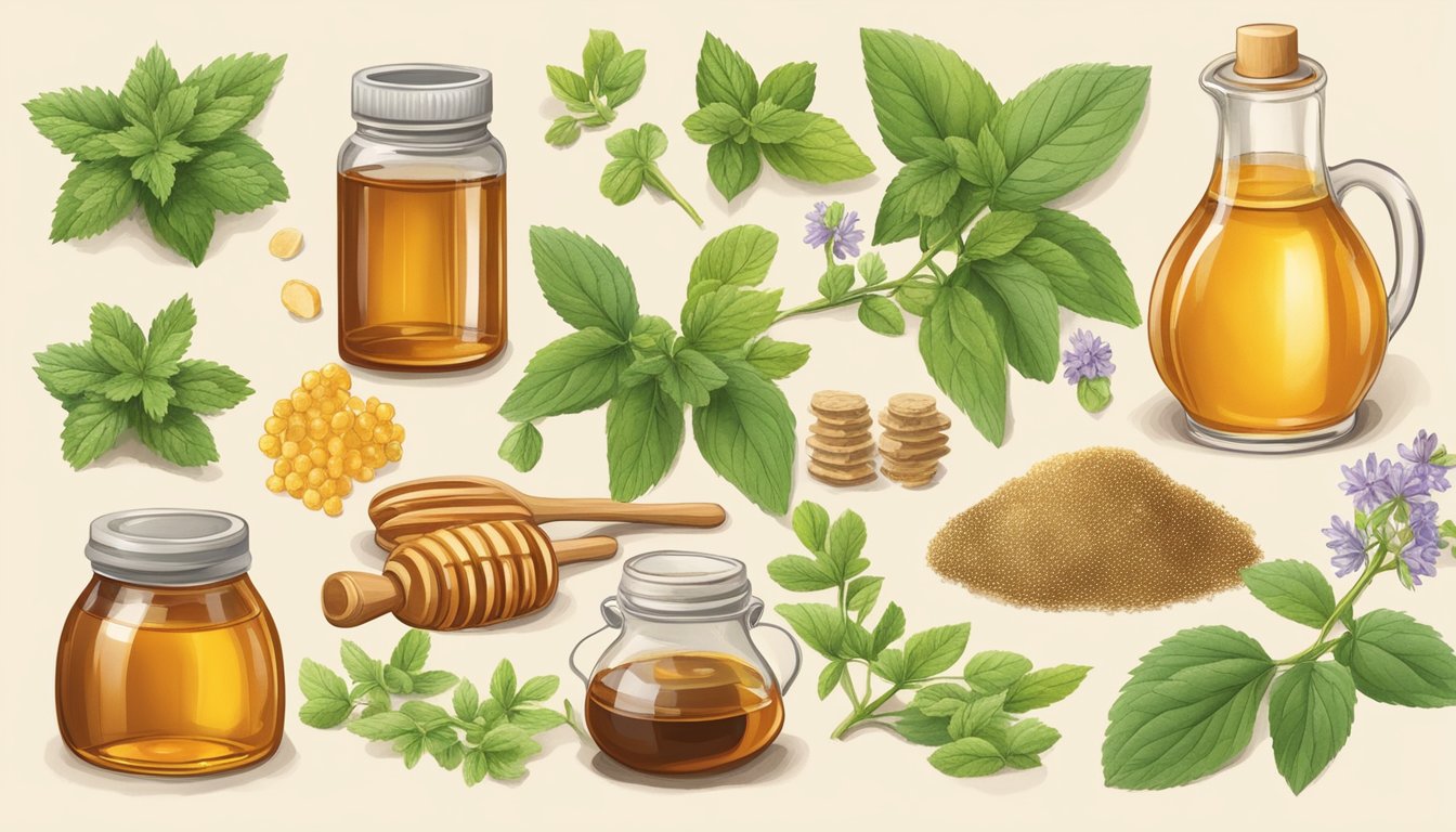 A variety of natural sweeteners, such as honey, stevia, and maple syrup, displayed alongside herbs and plants used in traditional medicine