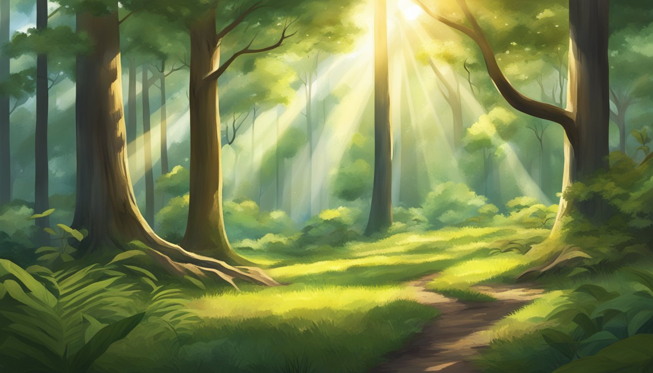 A serene forest clearing with sunlight filtering through the trees, highlighting a variety of natural sweeteners growing in the wild