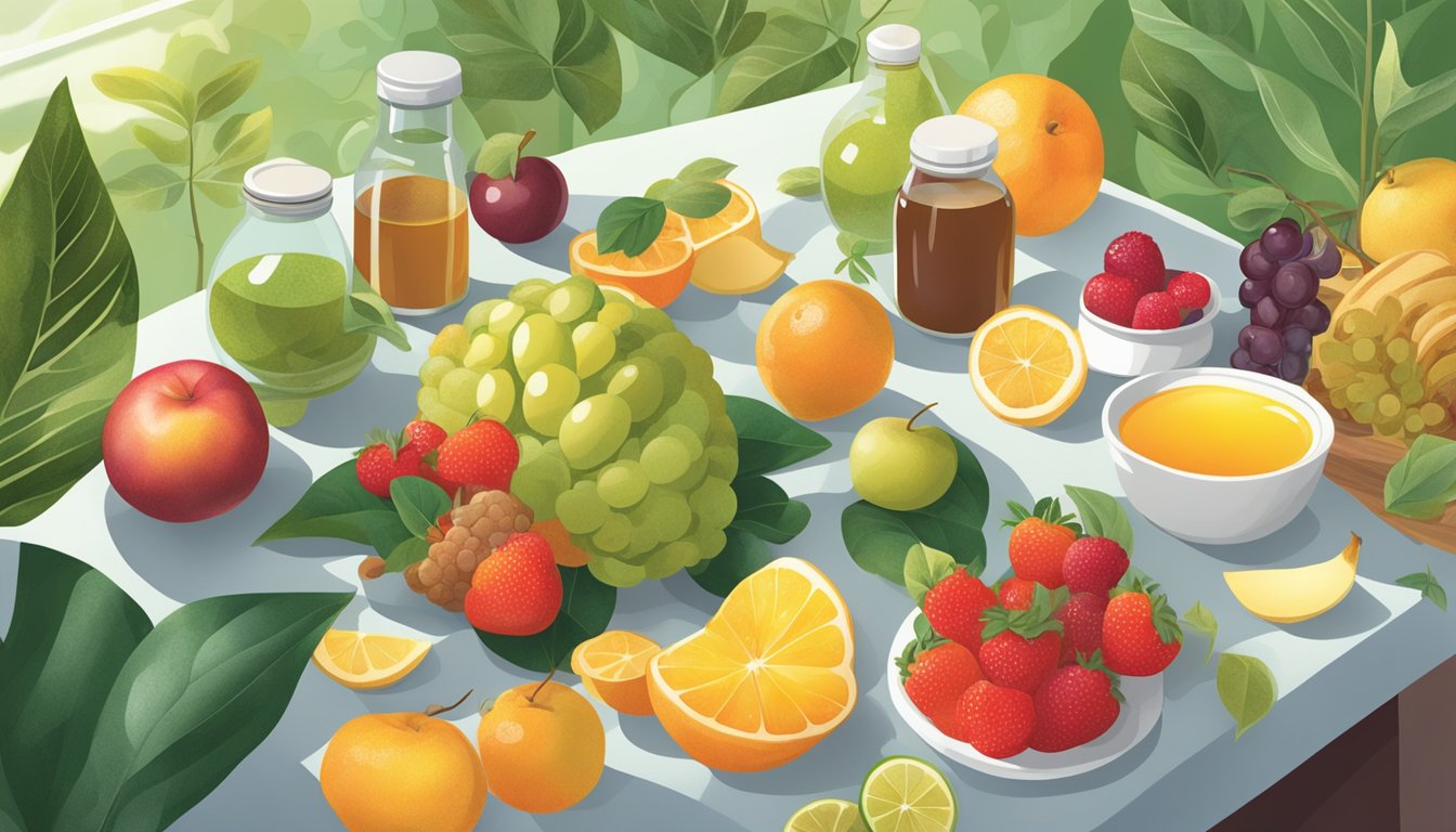 Sunlight filtering through leaves onto a table with a variety of natural sweeteners, fruits, and brain-shaped objects