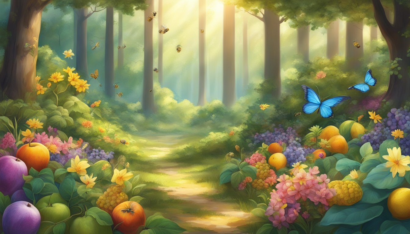 A serene forest clearing, sunlight filtering through the trees onto a variety of colorful fruits and flowers, surrounded by buzzing bees and fluttering butterflies