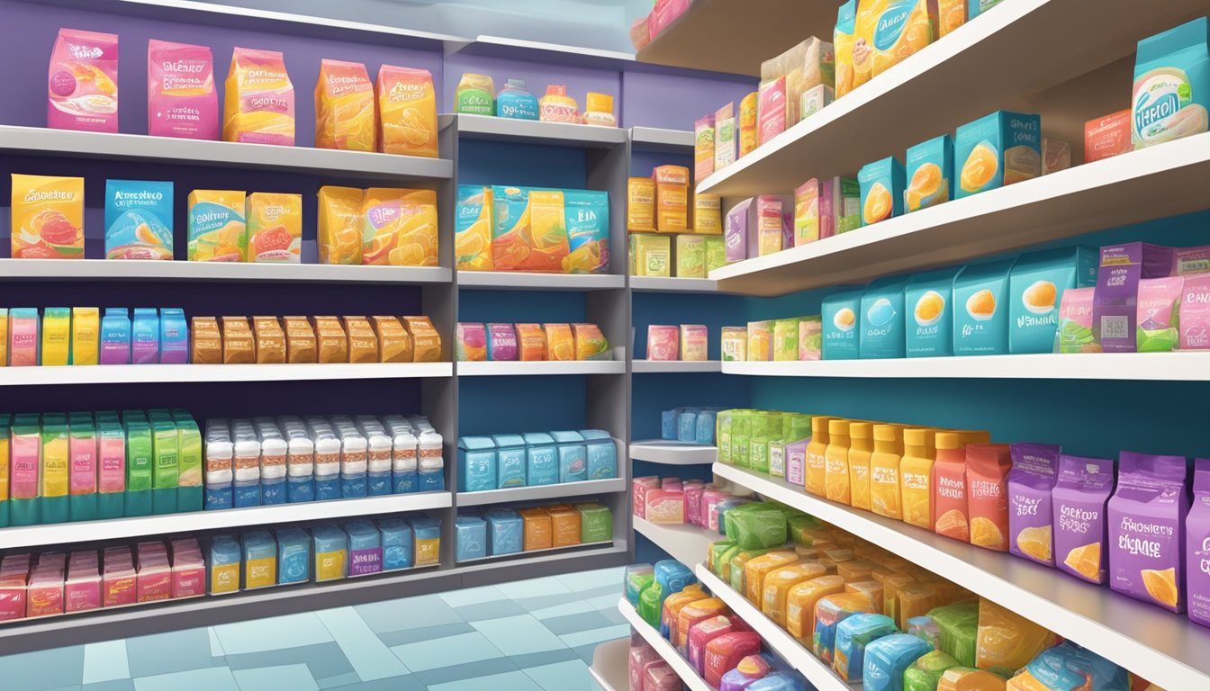 Artificial Sweeteners and Sugar Alcohols stand on shelves in a bright, colorful sweetener aisle, surrounded by various packaging and labels