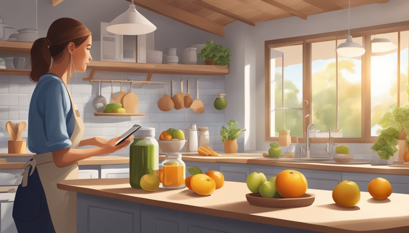 A serene, sunlit kitchen with a variety of natural sweeteners and fresh fruits on the counter, while a person reads nutritional guidelines on a tablet