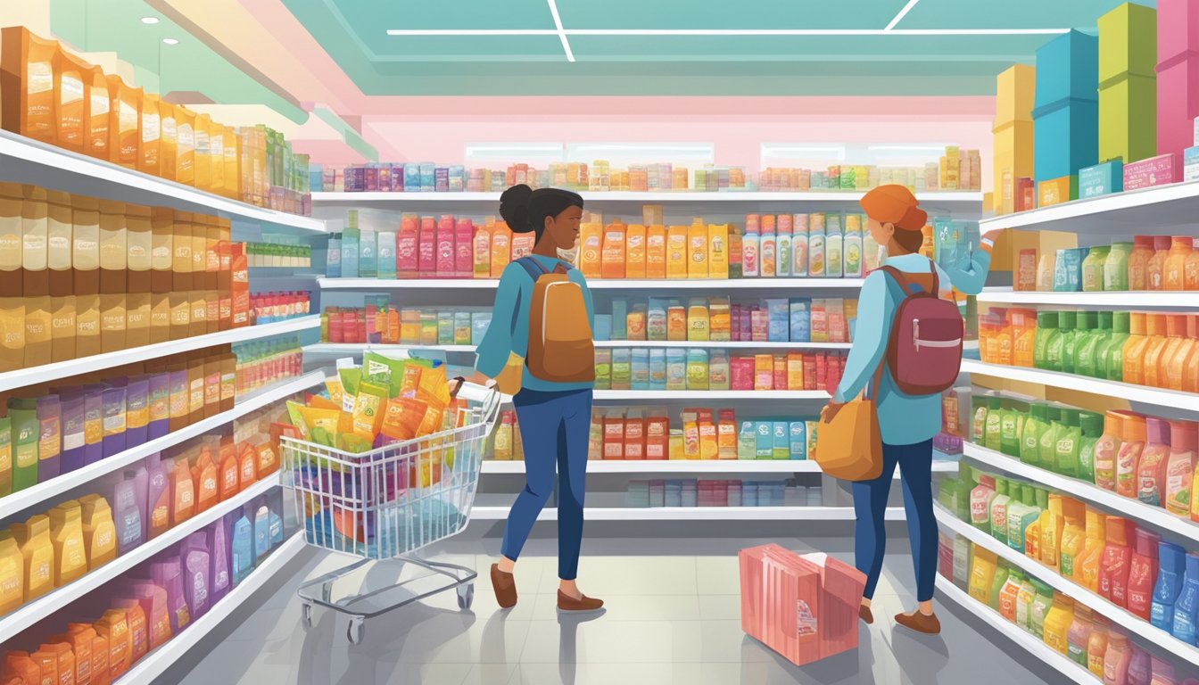 Shoppers comparing various sweeteners on a brightly lit aisle with colorful packaging and product displays