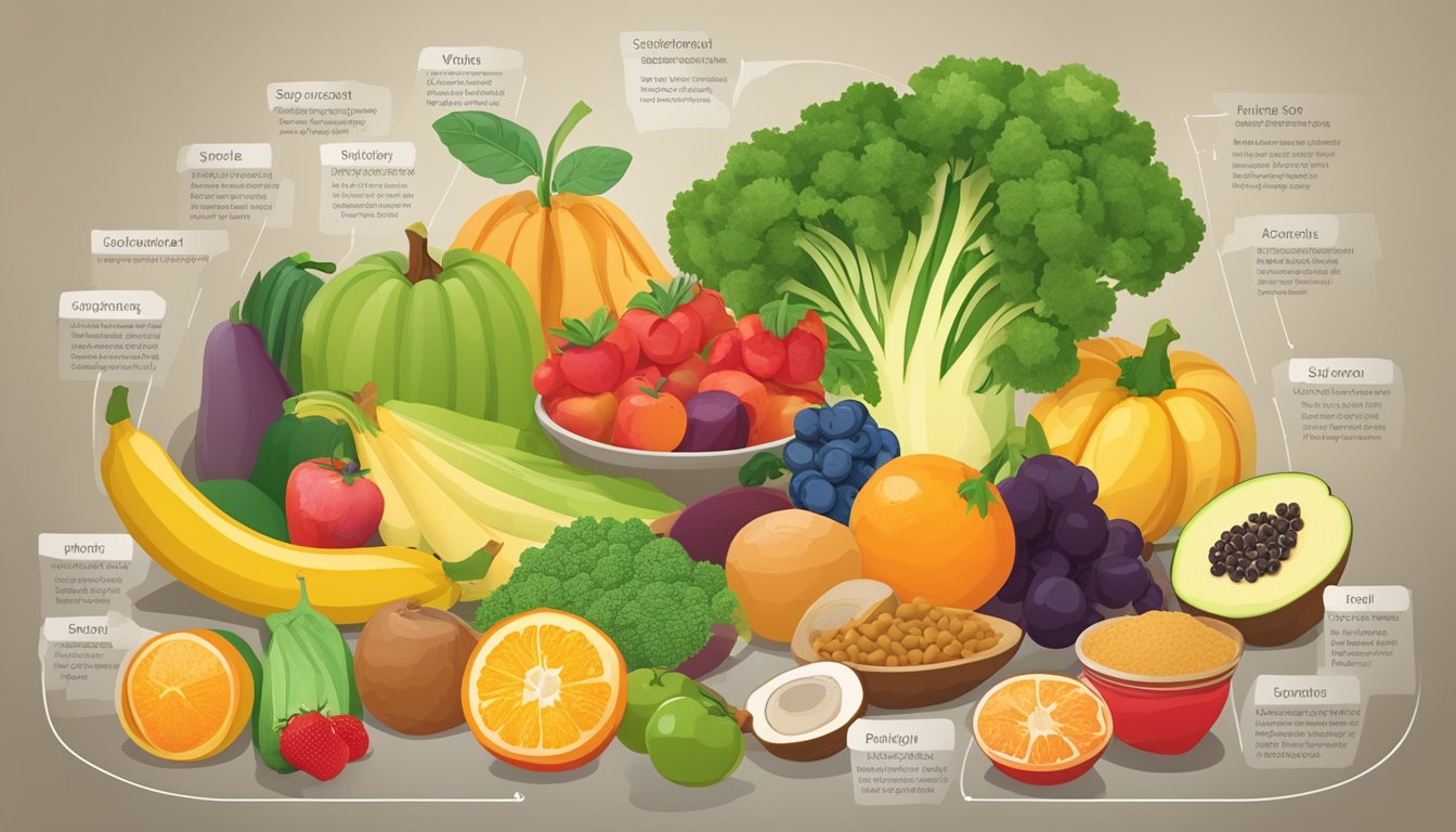 A colorful array of fruits, vegetables, whole grains, and lean proteins arranged on a table, with a chart or diagram showing the glycemic index values of different foods